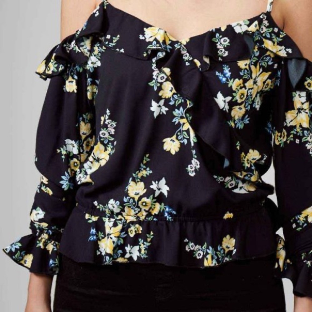 Divided Black Ruffled Floral Blouse